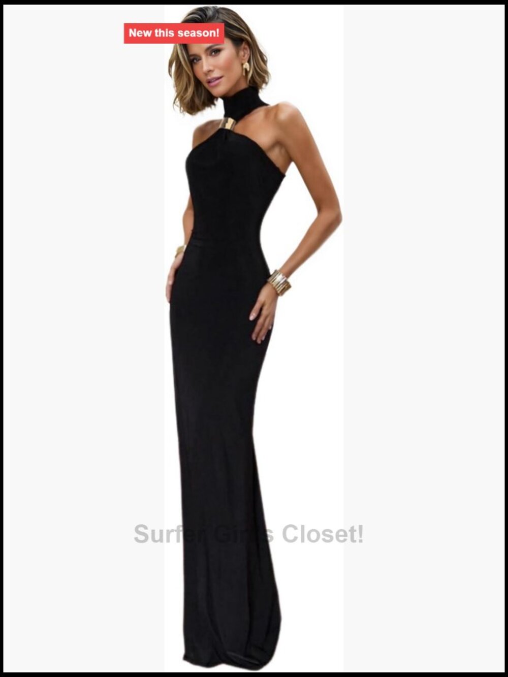 Women's Sleeveless Mock Neck Maxi Dress with Gold Metal Ring, Sheath